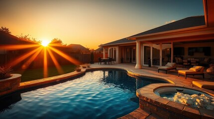 Fototapeta premium Sunset Serenity: Backyard Pool and Patio Oasis
