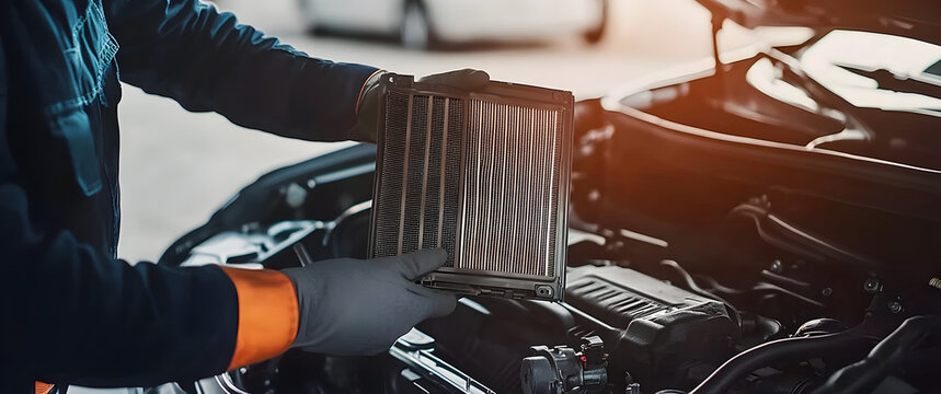 Car care maintenance servicing technician or auto mechanic holding car air conditioner filter for check and clean dirty or fix repair heat have engine problem or replace new change air filter.