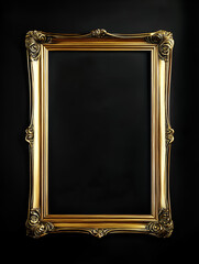 Elegant Gold Frame on Black: A classic, ornate gold picture frame stands out against a deep black background, ready to showcase your artwork or design.