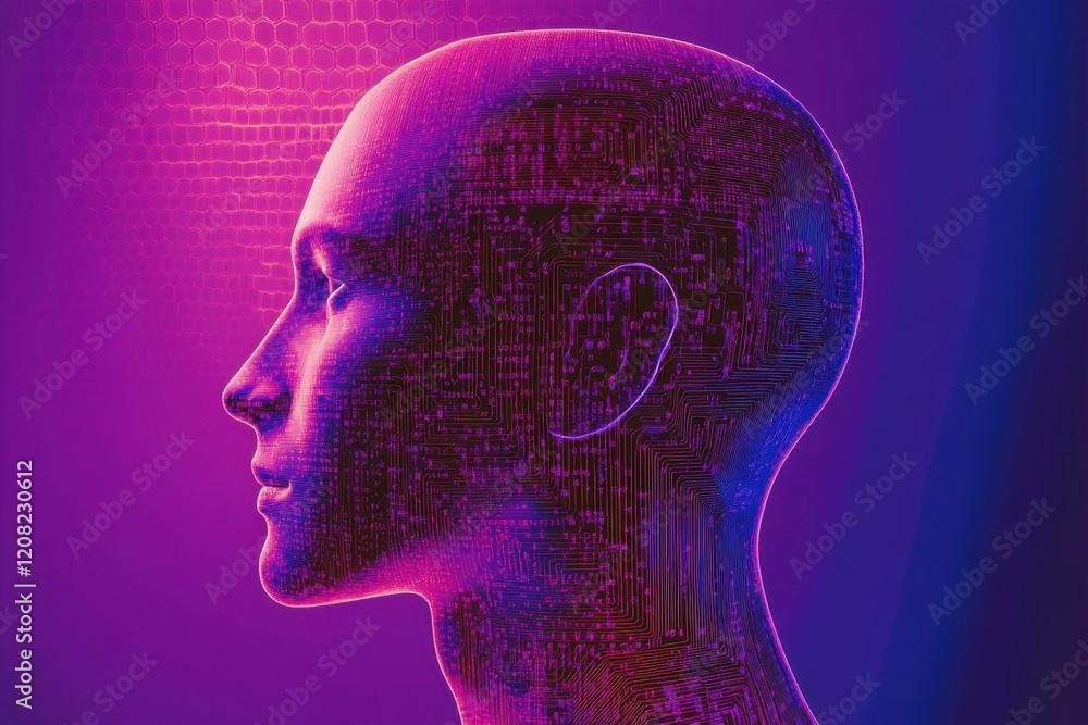 Poster abstract human head profile made of circuit board and binary code on a purple background with a hexa