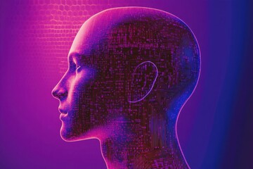 Obraz premium Abstract human head profile made of circuit board and binary code on a purple background with a hexagon pattern, an artificial intelligence concept Generative AI
