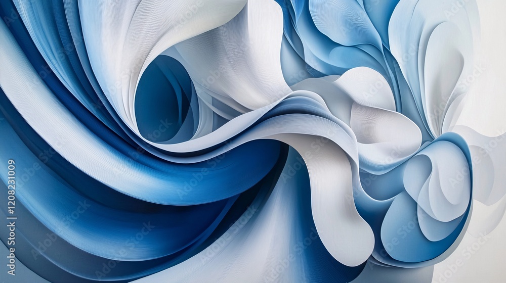 Poster a mesmerizing abstract swirl of blue and white hues, creating a fluid and dynamic composition.