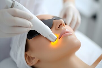 Naklejka premium Laser hair removal procedure on woman's face by professional doctor. Depilation or epilation procedure. Body care and skincare treatment. Beauty treatment in clinic. Skin care, medical concept
