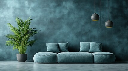 Teal Living Room Interior Design with Plush Sofa and Hanging Lamps