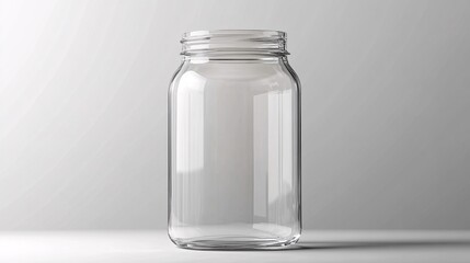 A clear glass jar with a wide mouth, showcasing its empty interior and sleek design against a soft gray background.