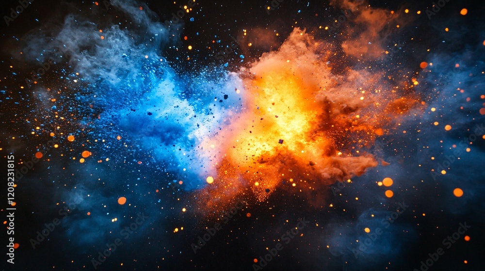 Poster a vibrant explosion of blue and orange colors, creating a dynamic and dramatic visual effect.