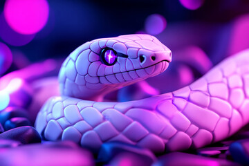 Minimalist Neon Snake Emerging - A vibrant purple and blue neon snake, coiled on dark stones, symbolizes mystery, transformation, wisdom, power, and rebirth.