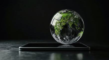 A glass and metal globe hovers above a dark surface, showcasing continents covered in vibrant greenery. This striking piece highlights the importance of nature and sustainability in the modern world.