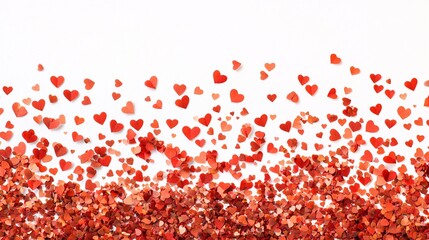 A vibrant scattering of red heart confetti on a white background, perfect for romantic occasions.