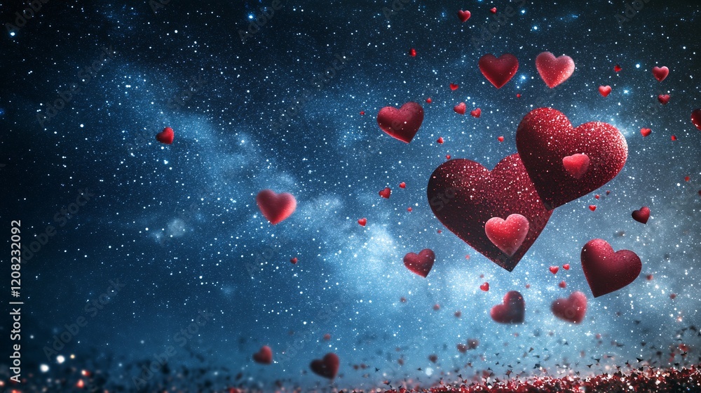 Poster a dazzling array of sparkling red hearts floating in a starry night sky, symbolizing love and romanc
