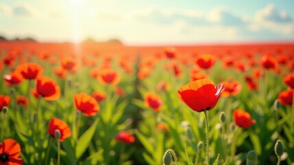 Fototapeta premium Vibrant Red Poppies in a Sunlit Field at Dawn, a Stunning Display of Nature's Beauty