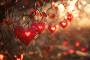 Shiny red crystal hearts hanging on a dark branch create a romantic atmosphere for valentine's day, with a warm, inviting bokeh effect in the background