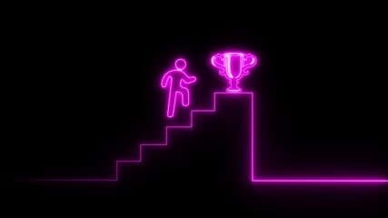 Trophy winner icon animation with neon shine on black background. Animation of victory, success, goal achiever.