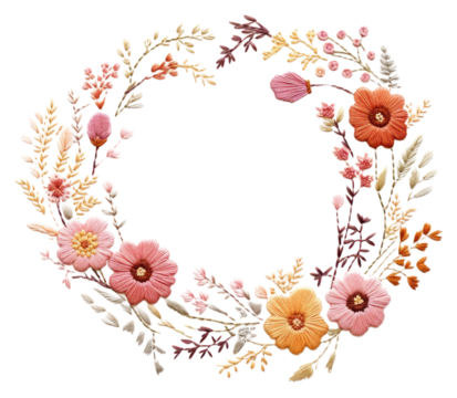 PNG Embroidery of floral wreath pattern stitch art.
