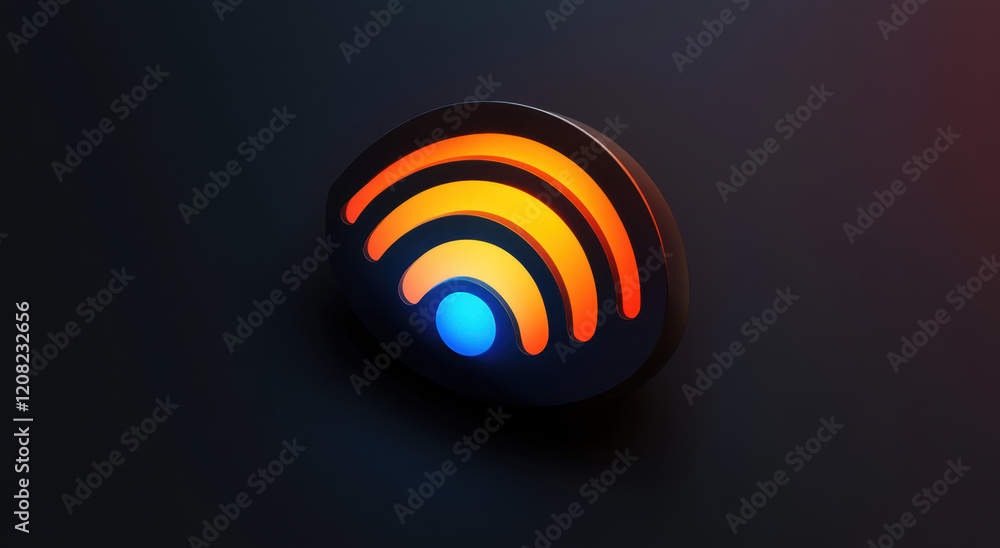 Poster a vibrant wireless signal symbol glows in orange and blue, casting a soft shadow on a dark backgroun