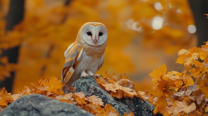 Obraz premium Barn owl perched on rock amidst autumn leaves. (2)