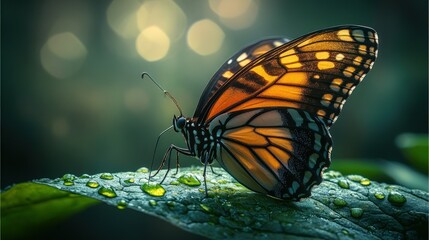 Monarch Butterfly on Dew-Kissed Leaf