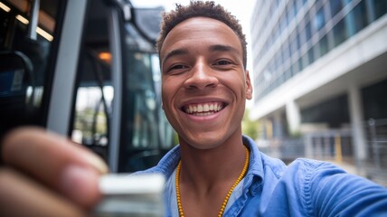 A cheerful young man of mixed ethnicity holds a bus ticket, smiling brightly, showcasing the joy of commuting in an urban setting.