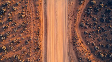 Aerial view of a winding dirt road surrounded by sparse shrubbery in warm earth tones.