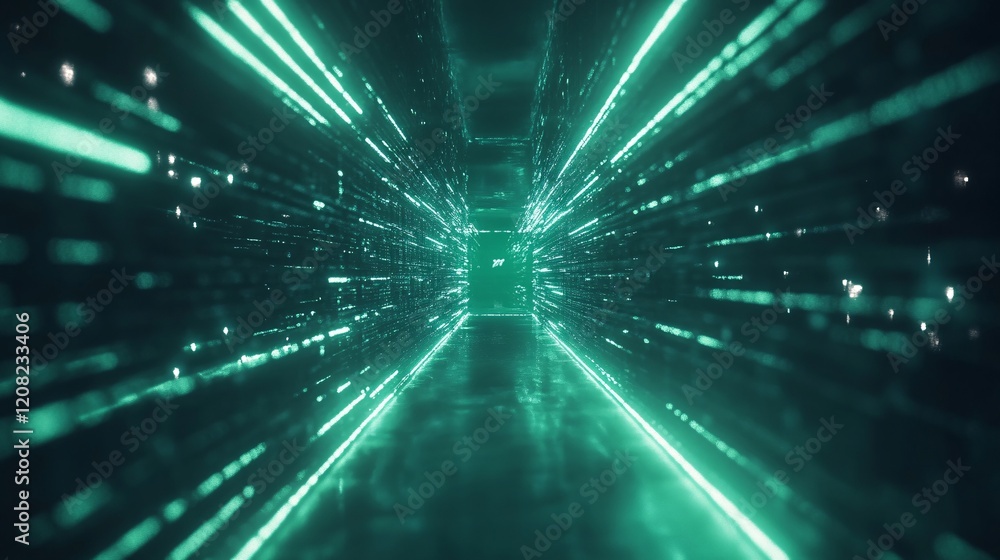 Poster a futuristic digital corridor illuminated by glowing green lines, creating a sense of depth and moti
