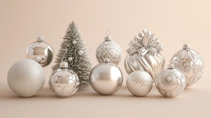 Silver Christmas ornaments, tree, beige background, holiday card