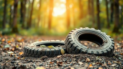 Nature Pollution Old Tires in Forest