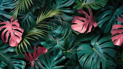 Large tropical leaves are green and pink in color. The concept of nature. Natural background.