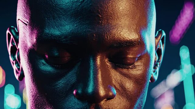 Futuristic portrait of a bald black man with a bionic eye implant, showcasing augmented reality technology with colorful bokeh lights in the background