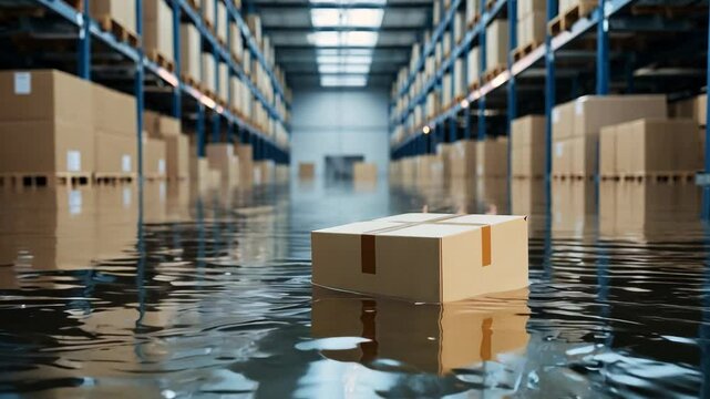 Flooding in a storage facility leads to cardboard boxes drifting in water, showcasing an unexpected disaster in inventory management