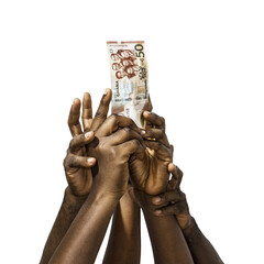 Many black African hands reaching out for 50 Ghanaian cedi money note over transparent background....
