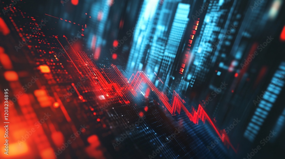 Poster dynamic digital visualization of economic fluctuations with vibrant red and blue lines representing 
