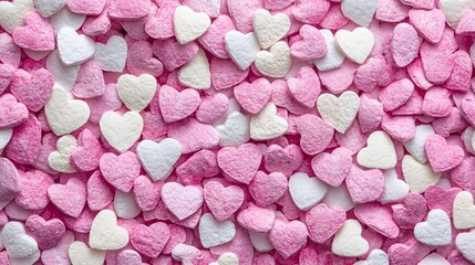 Obraz premium Colorful pink and white heart-shaped candies scattered, perfect for romantic occasions.