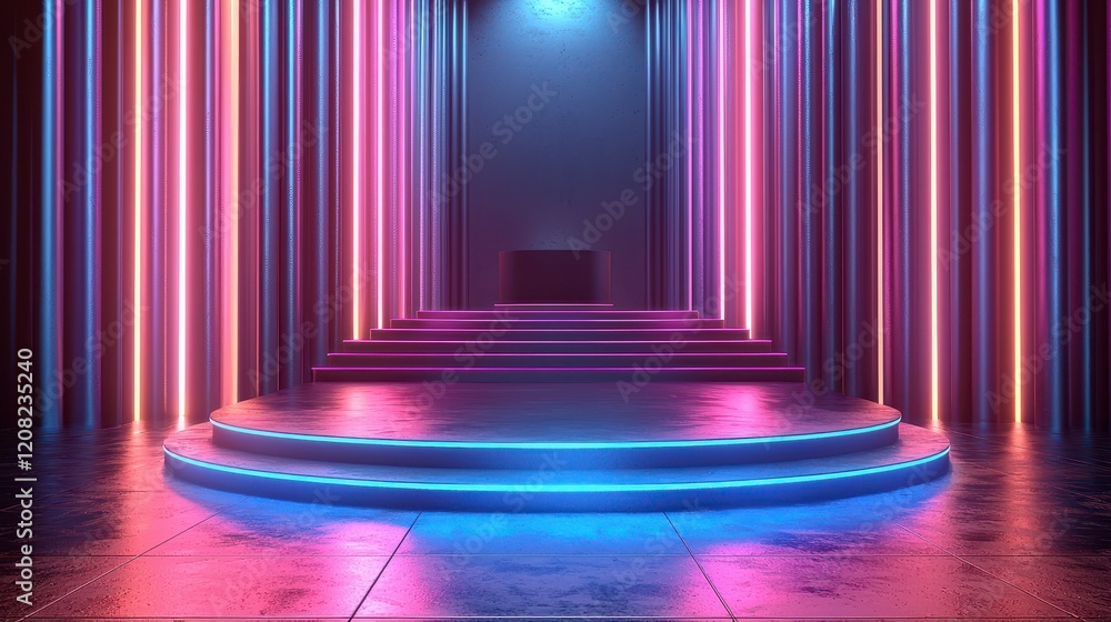 Poster neon lights illuminate a circular stage with steps, creating a vibrant, futuristic scene.