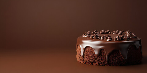 Decadent Chocolate Cake: A rich, decadent chocolate cake, lavishly coated in a glossy chocolate ganache and adorned with chocolate chips, sits invitingly against a deep brown backdrop.