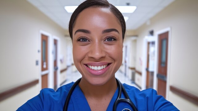A smiling female nurse of African descent, wearing blue scrubs and a stethoscope, exudes warmth and professionalism in a hospital corridor.