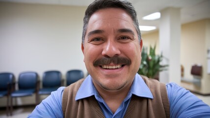 Obraz premium A smiling Hispanic man in a cozy indoor setting, wearing a blue shirt and brown vest. His approachable demeanor radiates warmth and friendliness.