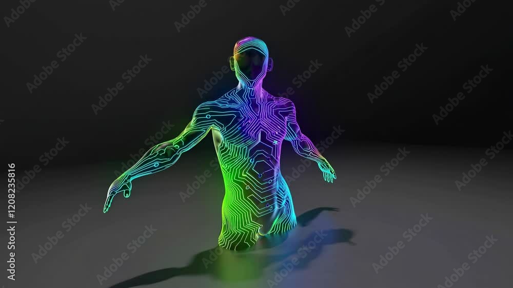 Poster colorful digital rendering of a futuristic human body showing neural network and brain activity, hig