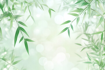 Fototapeta premium Bamboo Sprigs in Sunlight: A serene background featuring delicate bamboo sprigs silhouetted against a soft, ethereal glow. Perfect for projects seeking a touch of nature, peace, and tranquility. 