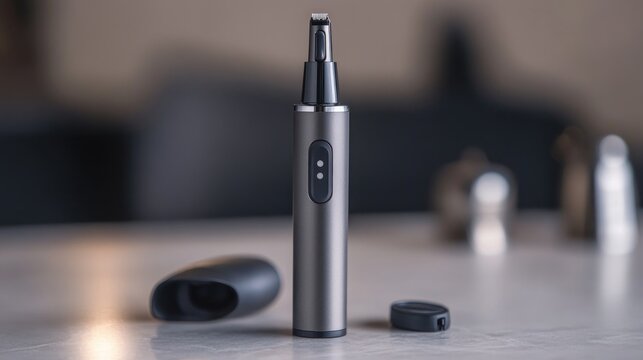 Grey electric eyebrow trimmer, home, close-up, blurry background, grooming