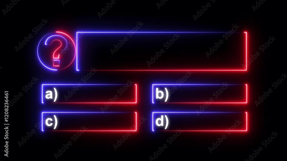 Poster quiz question animation with option selection on black background. neon lights quiz game animation