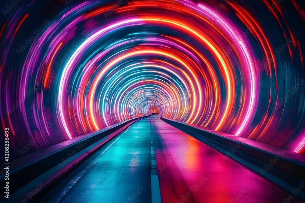 Poster a vibrant tunnel enveloped in swirling neon lights displaying a kaleidoscope of colors, creating a m