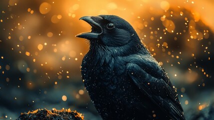 Raven with glowing orange sparks in a dark setting