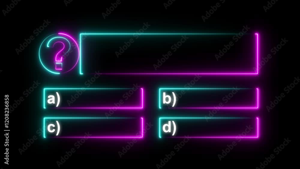 Poster quiz question animation with option selection on black background. neon lights quiz game animation
