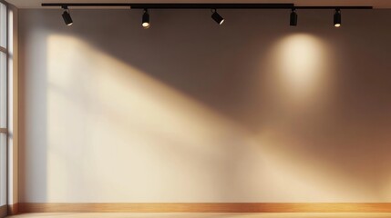 Bright sunlight casts shadows in a modern interior space with minimalist design features and adjustable track lighting. Generative AI