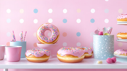 Pink Sprinkle Donuts Delight: A charming arrangement of pink frosted donuts with rainbow sprinkles sits on a white table against a pastel pink polka dot backdrop.