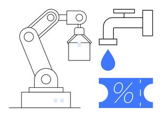 Industrial robotic arm operating, water faucet with droplet, and discount coupon expressing concepts of industry, automation, efficiency, savings, manufacturing, resource management. Ideal for tech