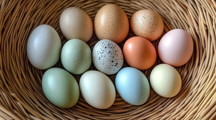 Pastel-colored eggs in a wicker basket with one hatching egg
