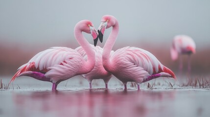 Naklejka premium A Serene Embrace: Two Pink Flamingos in Heart-Shaped Harmony