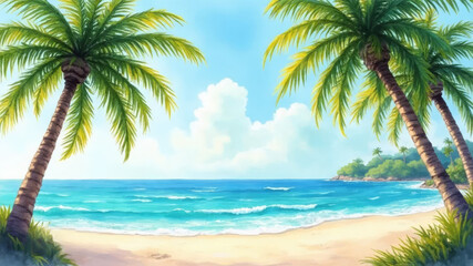  Hand drawn watercolor beach with palm trees embodying tropical coastal charm.