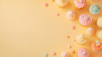 Pastel Dreams: A delightful array of pastel-hued cupcakes with fluffy frosting and colorful sprinkles creates a charming and inviting backdrop for your celebratory messages. The soft.